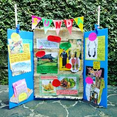 a bulletin board that has been decorated with pictures and words on it, along with bunting