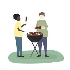 two people standing around a bbq with food on it