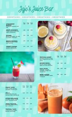 the menu for an orange smoothie bar