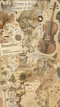 a collage of various items with words and pictures on them, including a violin