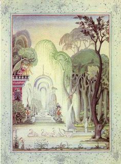 an illustration of a garden with trees and flowers