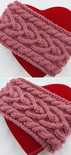 two pictures of the same knitted scarf on a red heart shaped object, one is pink and the other is brown