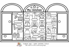 a coloring page with clothes on display for children to color and print out, in black and white