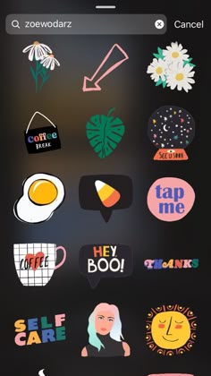 an iphone screen with stickers on it and the words self care written in different languages