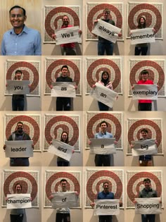 several people holding up signs in front of a wall with words written on them that spell out what they are doing