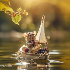 a toy boat with a mouse on it floating in the water next to a tree