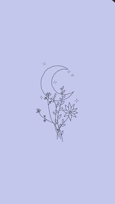 a black and white drawing of flowers on a light blue background with the moon in the sky