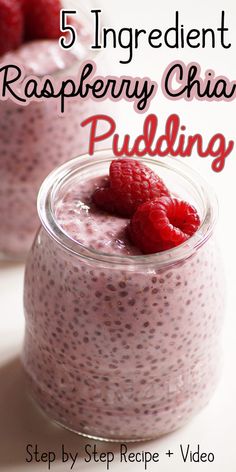 raspberry chia pudding in a jar with two raspberries on top