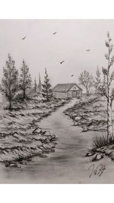 a drawing of a house in the woods with birds flying over it and trees on either side