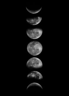 five phases of the moon are shown in this black and white photo, as well as one