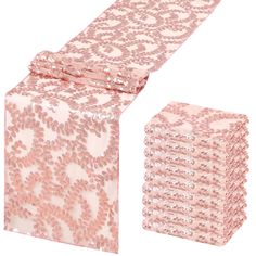 pink sequinized table runners and napkins set on white background with clipping