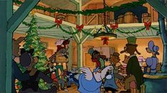 an animated christmas scene with many people in the room and one is holding a tree