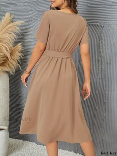 Katykey - V-neck Belted Dress with Flutter Sleeves - Chic Spring & Summer Womens Apparel Casual V-neck Belted Summer Dress, Feminine V-neck Midi Dress With Buttons, Spring Midi-length Belted Dress With Tie Fastening, Spring V-neck Midi Dress With Button Closure, Summer Khaki V-neck Midi Dress, Belted Dress, Flutter Sleeve, Fit And Flare, Dress Length