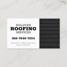 a business card for roofing services with black and white tiles on the bottom half