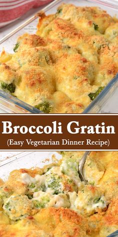 broccoli gratin in a casserole dish with a serving spoon on the side