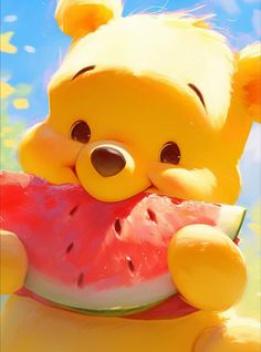 a cartoon bear holding a piece of watermelon in its mouth and sitting on it's back