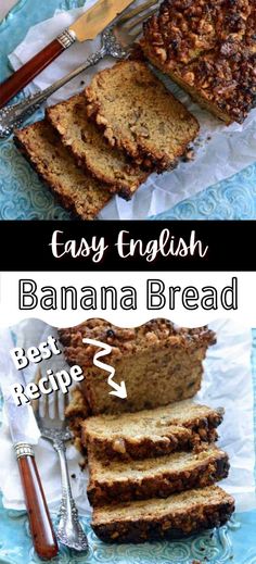 Collage of sliced English banana bread loaf at top and bottom. Banana Bread Topping, English Bread, Perfect Banana Bread, Bread Toppings, Recipe For One, Light Dinner Recipes, Easy English, Moist Banana Bread, Best Banana Bread