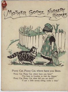 an old children's book with a cat and dog in the grass next to a fence