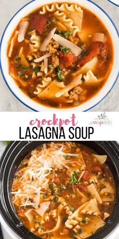 two pictures showing different types of pasta and lasagna soup