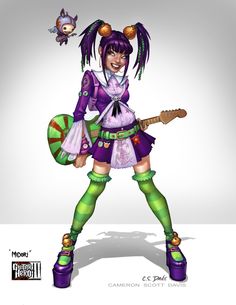 a cartoon character is holding a guitar and wearing green tights, purple boots and a hat