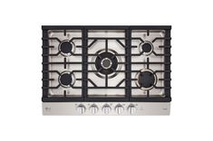 a gas stove top with four burners and two knobs on the front, against a white background