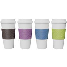 four different colored cups are lined up in the same row, each with a lid