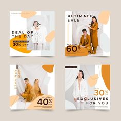 four instagrams for the sale of women's clothing, including an orange and white background