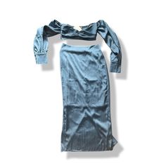 Slate Blue Satin Skirt Set Nwt Off The Shoulder Top Midi Length Skirt Has A Slit In The Back And A Back Back Zipper Blue Satin Skirt, Satin Skirt Set, Midi Length Skirts, Satin Skirt, Off The Shoulder Top, Blue Satin, Slate Blue, Women Skirts Midi, Midi Length