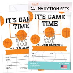 two basketball birthday party games with the words it's game time and an orange basketball on