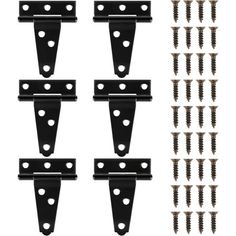 six pairs of black metal brackets with screws on each side and one pair of screws