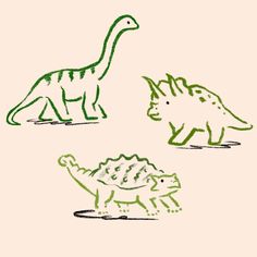 three different colored dinosaurs are shown in this drawing