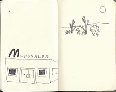 an open notebook with a drawing of a building and cactus on the front cover that says mcdonald's