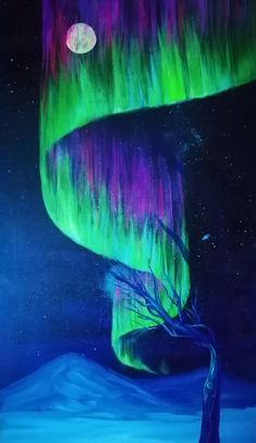 an aurora bore is shown in the night sky with green and purple lights on it