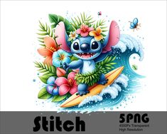 a cartoon character riding a surfboard on top of a wave with flowers and butterflies