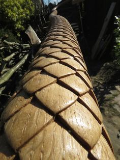 a close up view of a wooden object in the foreground, with trees in the background