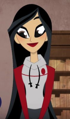 an animated woman with long black hair wearing a red and white top, standing in front of a bookshelf