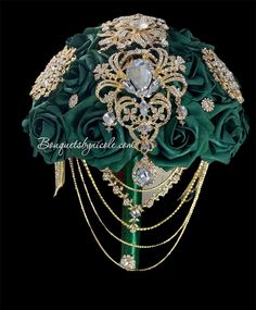 a bridal bouquet with green roses and jewels