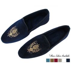 two pairs of blue velvet slippers with gold embroidered pineapples on the side