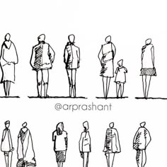 a line drawing of people standing in different directions, all wearing coats and ties on their heads