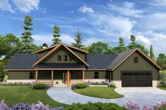 this is an artist's rendering of a house in the country style with two garages