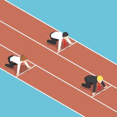 two men in suits and ties are on a track, one is kneeling down while the other