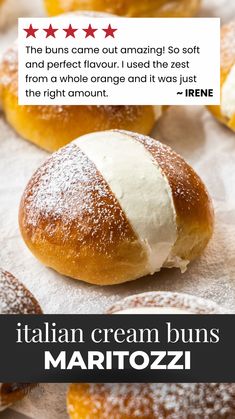 italian cream buns with white icing are on display in front of the caption