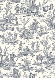 a blue and white toiler wallpaper with people on horseback, horses, and trees