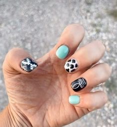 Boot stitch, aqua and black rodeo nails Rodeo Nails Acrylic, Cowboy Nails Western Short, Black Western Nail Designs, Fun Acrylic Nails Designs Short, Teal New Years Nails, Duck Camo Nails, Short Nail Designs Western