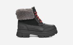 Combining the exaggerated lug sole of our Ashton with the unmistakable silhouette of our iconic Adirondack, this new weather boot gives you the best of both. Crafted from waterproof full-grain leather with sealed seams to help protect against light rain, it offers signature softness with our UGG®plush wool blend and microfiber lining. Pair with all your favorite winter looks. Pair with our matching women's boot for cute mini-me photo ops. Waterproof features designed to help protect against mild Weather Boots, Light Rain, Kids Uggs, Lug Sole, Mini Me, Winter Looks, Ugg Boots, Full Grain Leather, Kid Shoes