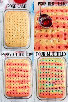 four pictures showing how to make jello cake with different colors and ingredients in the baking dish