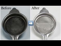 before and after pictures of cooking utensils in stainless steel pans, with the bottom half removed