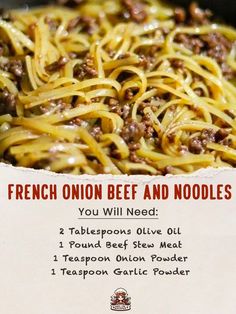 there is a menu for french onion beef and noodles in a pan on the table