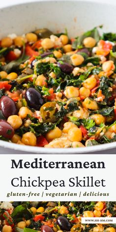 mediterranean chickpea skillet with spinach and red peppers in a white bowl