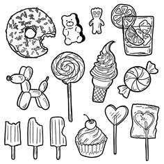 various candies and lollipops are drawn in black ink on a white background